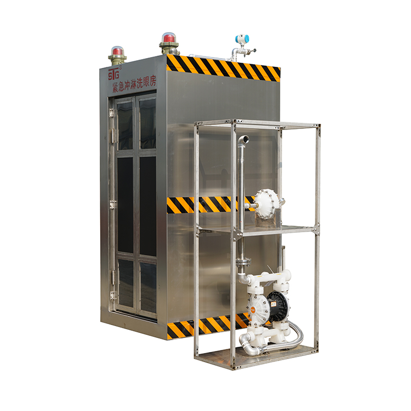 Emergency eyewash and shower with safety room